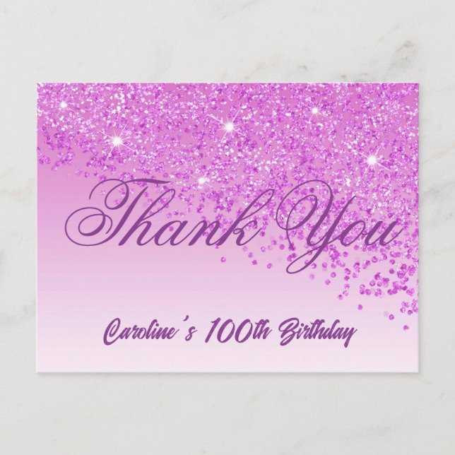 Cartão Postal Glitter Rosa, 100º Aniversário Obrigado (Frente)