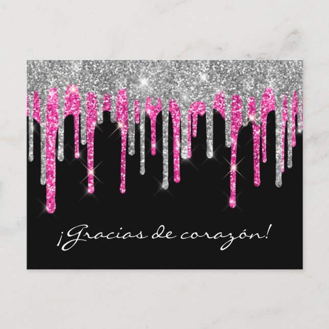 Cartão Postal Glitter Rosa-Rosa-Preto Quinceañera Gracias (Frente)