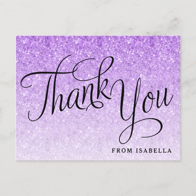 Cartão Postal Glitter Roxo Personalizado Obrigado (Frente)