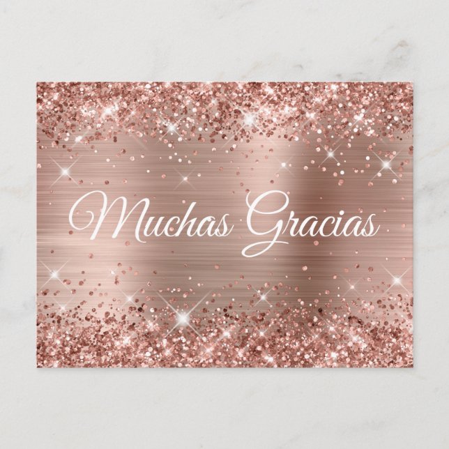 Cartão Postal Glittery Rosa Gold Foil Quinceañera Muchas Gracias (Frente)