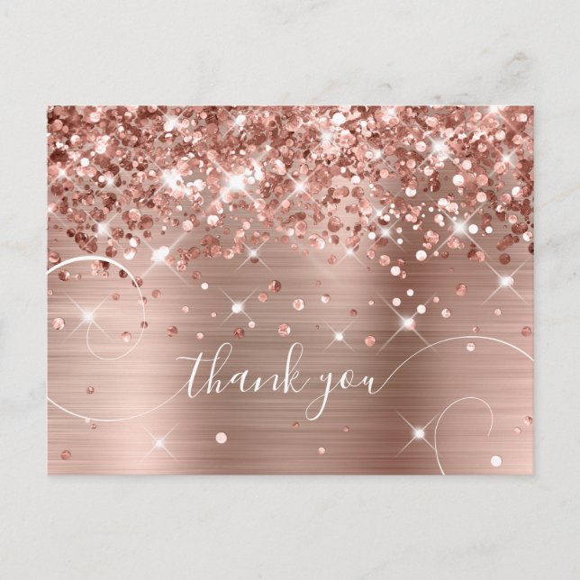 Cartão Postal Glittery Rose Gold Foil Script Curly Obrigado (Frente)