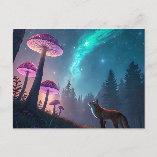 Cartão Postal Glowing Mushroom Forest Fox Fantasy Art (Frente)