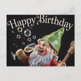 Cartão Postal Gnome "Feliz Aniversário" com Champanhe e Bolhas