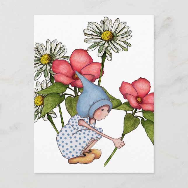 Cartão Postal Gnome Girl Picting Flowers, Fanstasy Art (Frente)