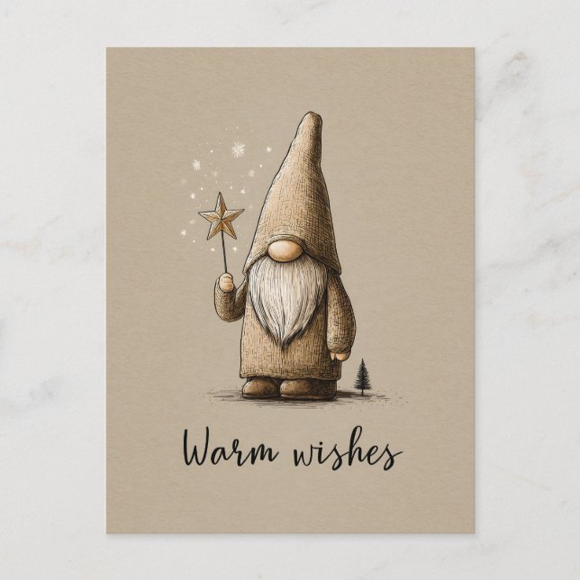 Cartão Postal Gnome Illustration with "Warm Wishes" Text (Frente)