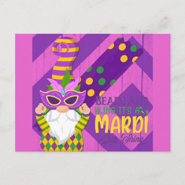 Cartão Postal Gnomo Bonito Mardi Gras Miçanga Bling (Frente)