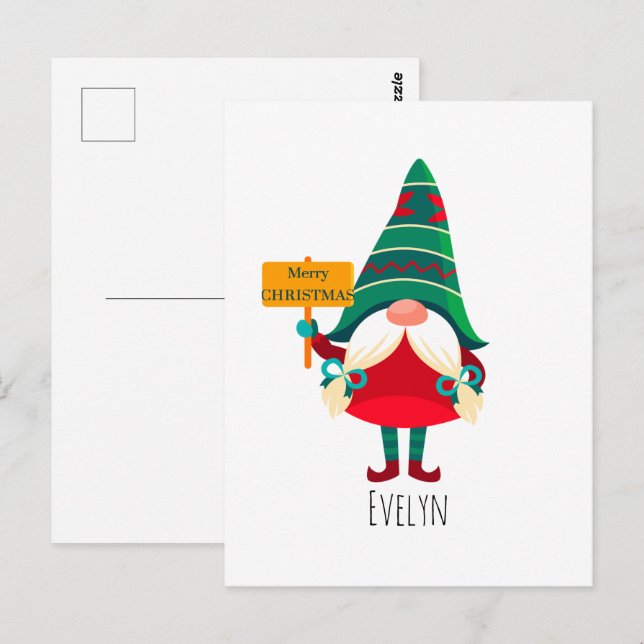 Cartão Postal Gnomo Bonito, Placard com Saudações (Frente/Verso)