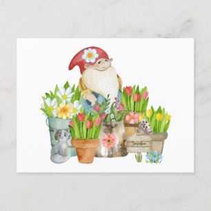 Cartão Postal Gnomo de Jardim com Flores e Gato