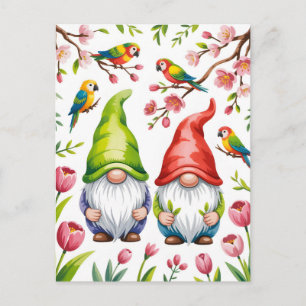 Cartão Postal Gnomo de Jardim com Papagaios Tropicais
