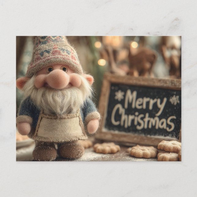 Cartão Postal Gnomo de Natal com Biscoitos e Feliz Natal (Frente)