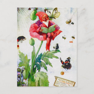 Cartão Postal Gnomo em uma flor da papoila