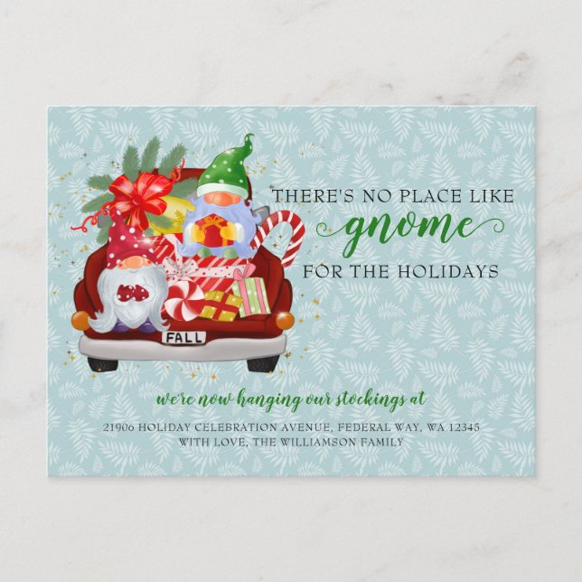 Cartão Postal Gnomo Feriado Gnomo Red Truck que movemos (Frente)