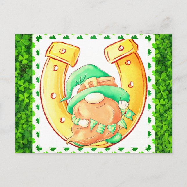 Cartão Postal Gnomo Green Shamrock de Dia de São Patrício bonito (Frente)