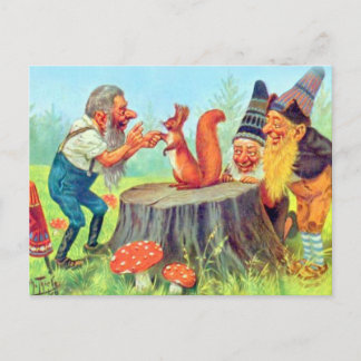Cartão Postal Gnomos Amigáveis Observam um Esquilo