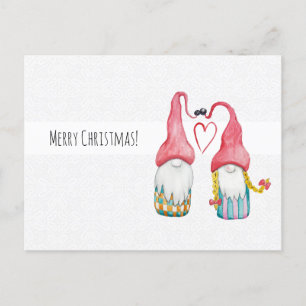 Cartão Postal Gnomos de Natal Apaixonados Aquarela Pintada à Mão