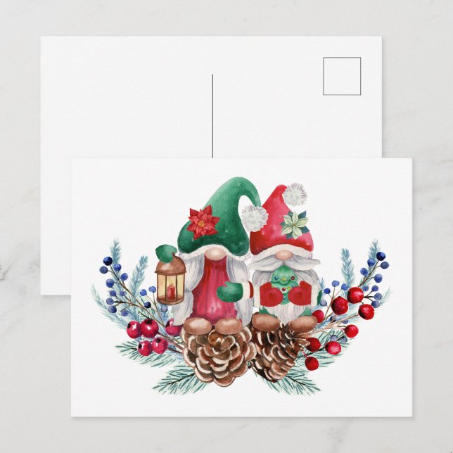 Cartão Postal Gnomos de Natal de Watercolor (Frente/Verso)
