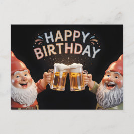 Cartão Postal Gnomos "Feliz Aniversário" Brindando com Canecas d