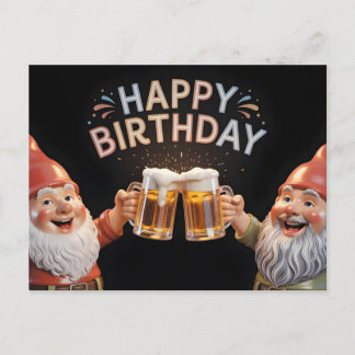 Cartão Postal Gnomos "Feliz Aniversário" Brindando com Canecas d