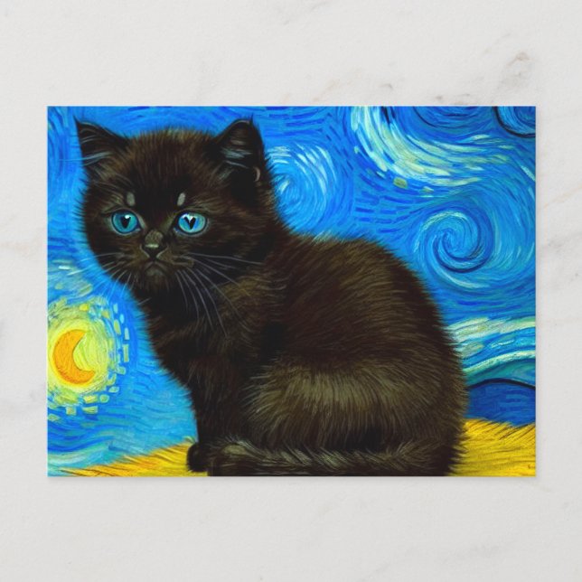 Cartão Postal Gogh Style Starry Night Cat (Frente)