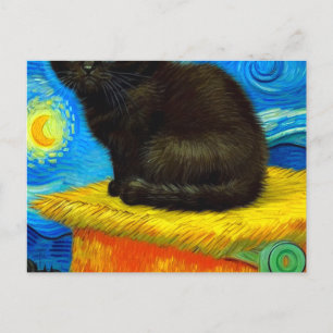Cartão Postal Gogh Style Starry Night Cat