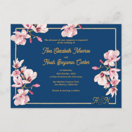 Cartão Postal Gold Arch Navy Magnolia Floral Wedding Invitation