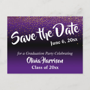 Cartão Postal Gold Confetti Purple Graduation Save the Date