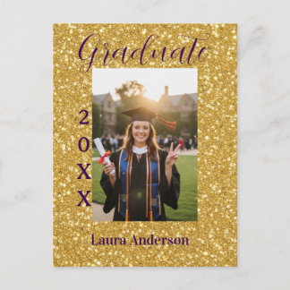 Cartão Postal Gold glitter photo graduation add name class text