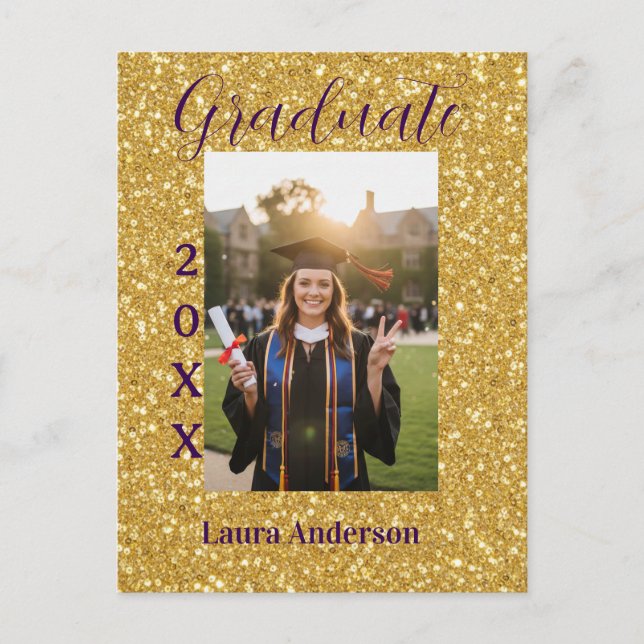 Cartão Postal Gold glitter photo graduation add name class text (Frente)