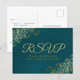 Cartão Postal Golden Curls & Swirls on Teal Wedding RSVP