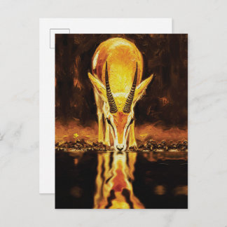 Cartão Postal Golden Gazelle Drinking Water – Textured Oil Paint