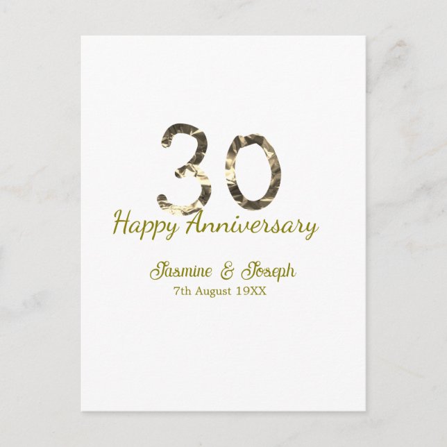 Cartão Postal Golden Metallic 30th Happy anniversary add name (Frente)