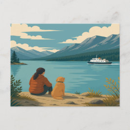 Cartão Postal Golden Retriever Dog Lakeside Mountain Ferry Sceni