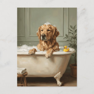 Cartão Postal Golden Retriever Relaxando em Banho de Bolhas Engr