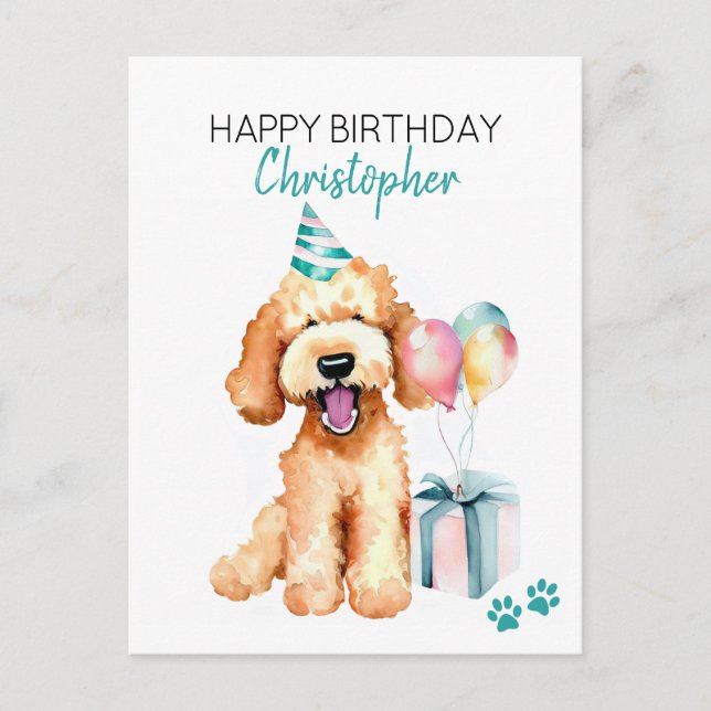 Cartão Postal Goldendoodle Cachorro Personalizado Feliz Aniversá (Frente)
