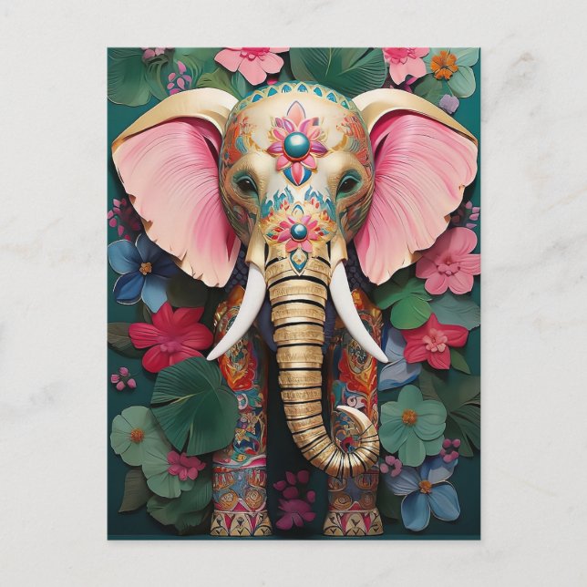 Cartão Postal goldener Elefant mit bunten Blumen (Frente)