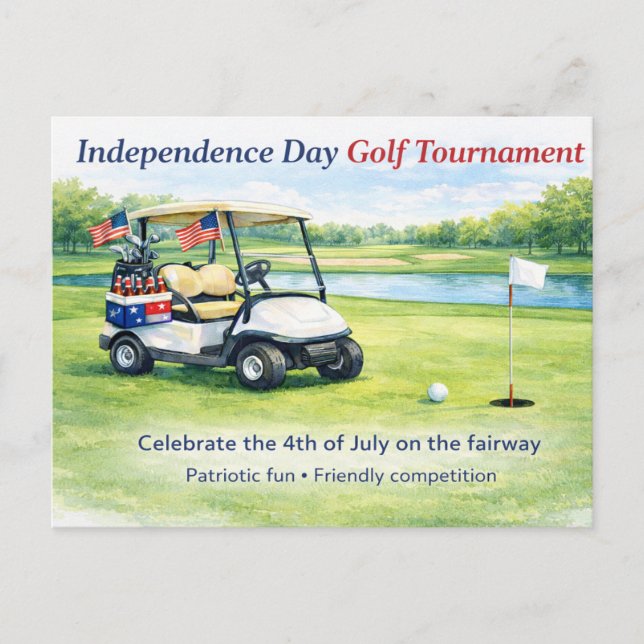 Cartão Postal Golf 4th July Independence Day golf cart on course (Frente)