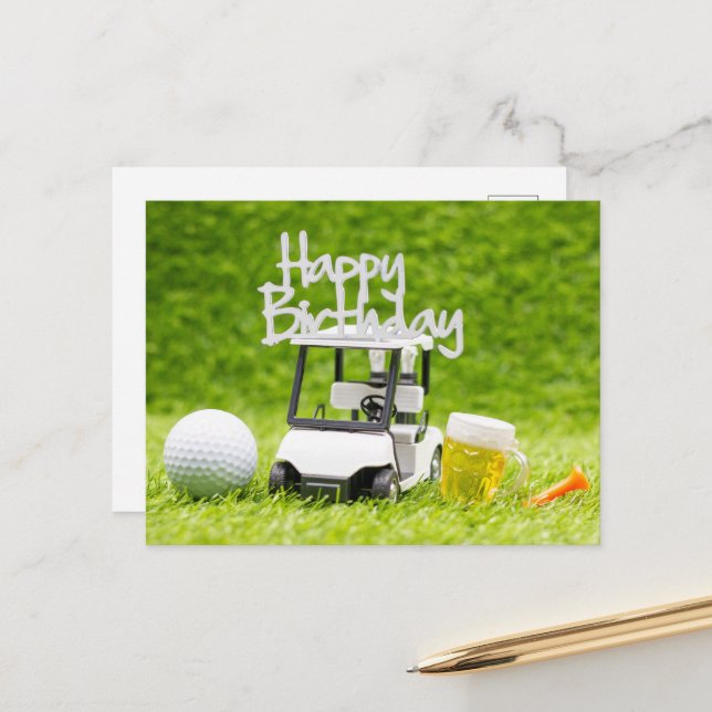 Cartão Postal Golf Birthday com carrinho de golfe e cerveja para (Frente/Verso In Situ)