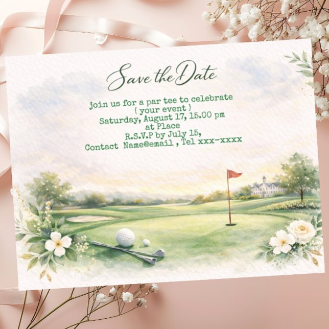Cartão Postal Golf salvar a data com bola de golfe NO GREEN (Criador carregado)