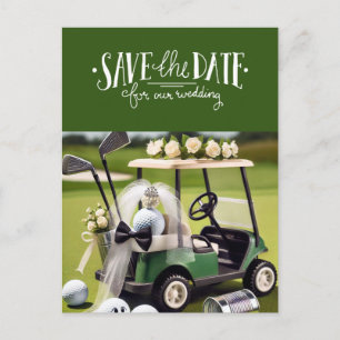 Cartão Postal Golf Salve a Data com carrinho de golfe no verde