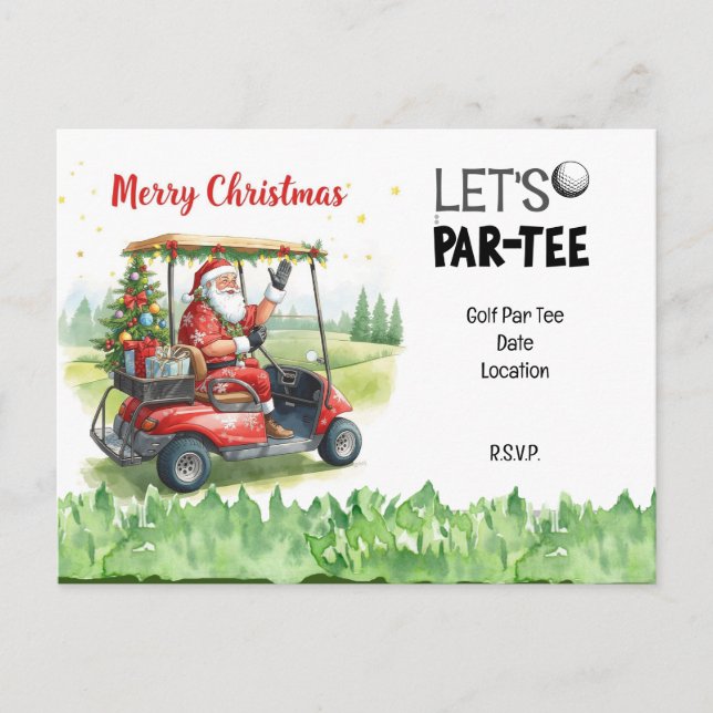 Cartão Postal Golf Santa in Red Cart – Funny Let Par-Tee  (Frente)