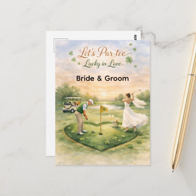 Cartão Postal Golf Wedding Lucky in Love St. Patrick's Day theme (Frente/Verso In Situ)