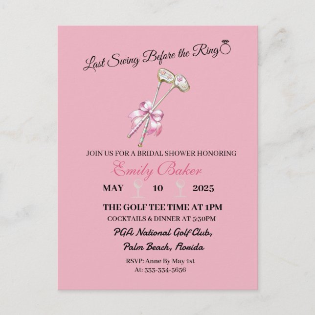 Cartão Postal Golfe Coquette Rosa "Último Balanço Antes do Anel" (Frente)