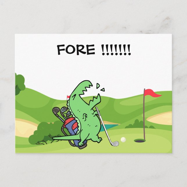 Cartão Postal Golfe Dinossauro gritando FORA do golfista engraça (Frente)