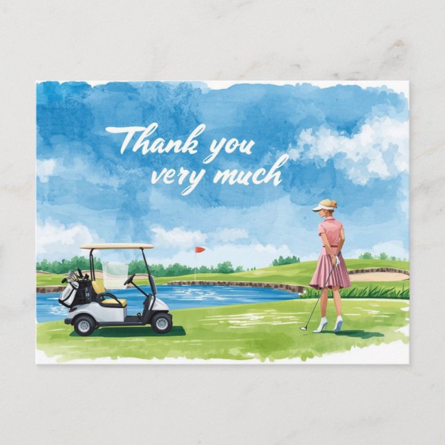 Cartão Postal Golfe golfista com carrinho verde (Frente)