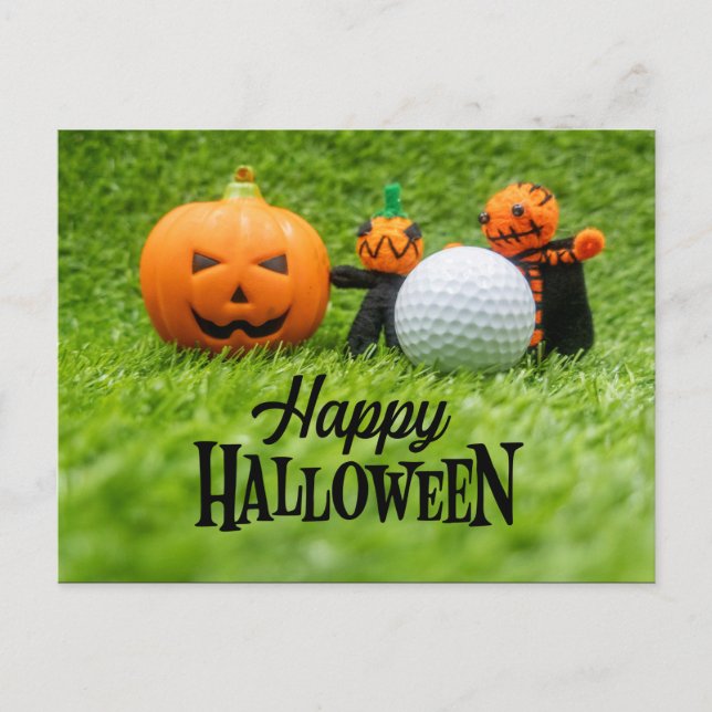 Cartão Postal Golfe Halloween com bola de golfe e abóbora-fantas (Frente)