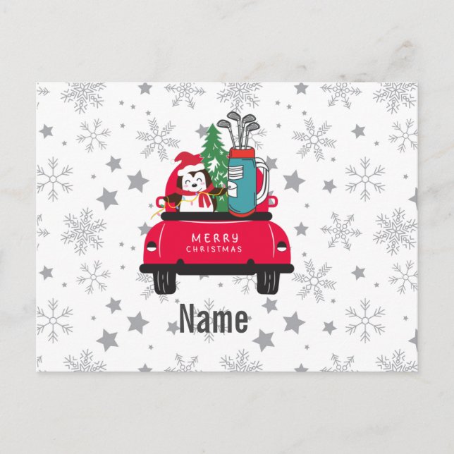 Cartão Postal Golfe Pinguim com carrinho de golfe Feliz Natal (Frente)