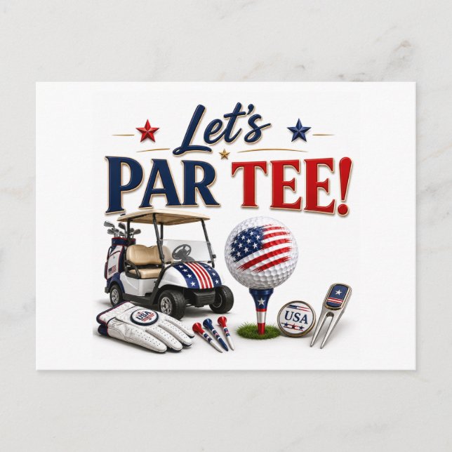 Cartão Postal Golfe Salvar Data com bola de golfe e bandeira ame (Frente)