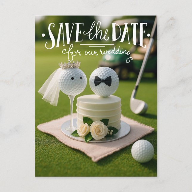 Cartão Postal Golfe salve a data para o nosso casamento com bola (Frente)