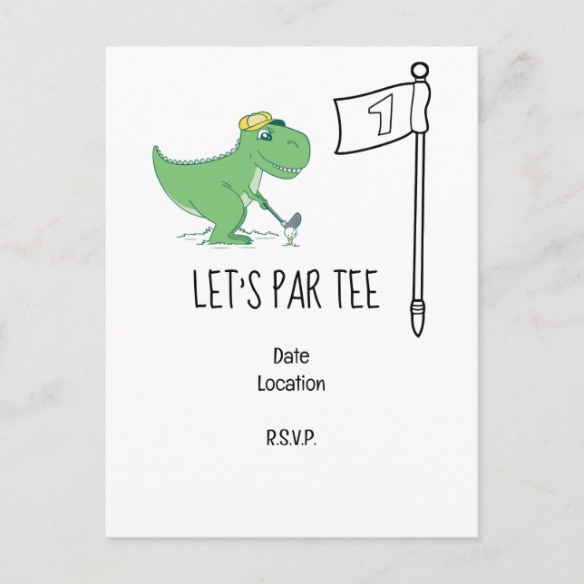 Cartão Postal Golfe Vamos Par tee Aniversário de 1 ano Dinossaur (Frente)