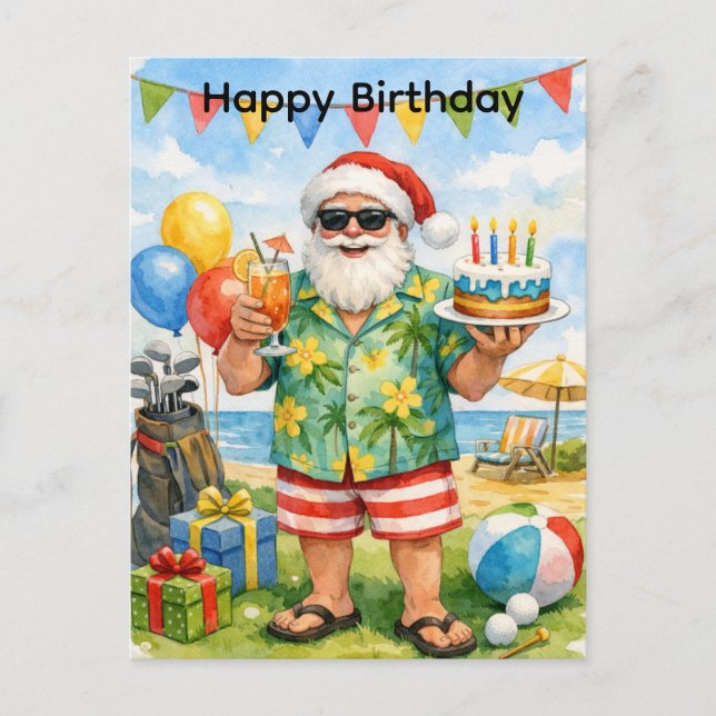Cartão Postal Golfer Santa Hat hold Birthday Cake in Party  (Frente)